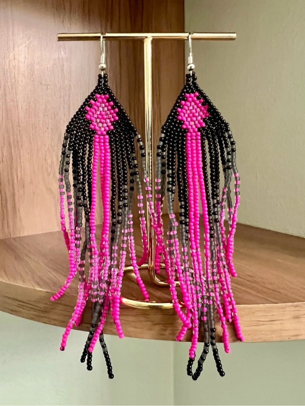 Barbie-Core Pink and Black Beaded Earrings